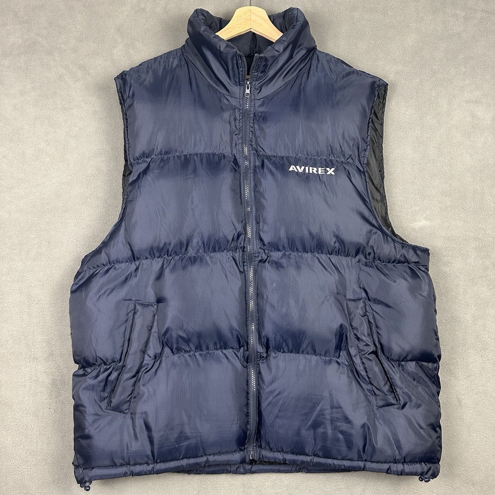 Avirex Puffer Vest Men's 2XL Blue Full Zip Embroidered‎ Logo Spell Out Hood